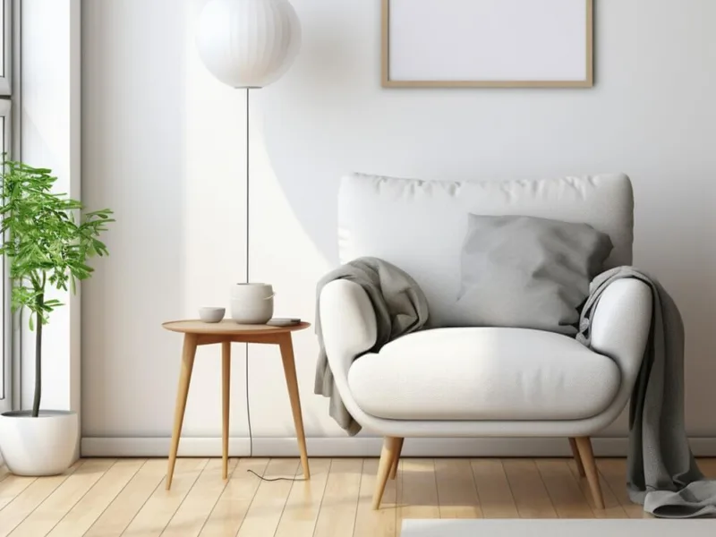 Panele laminowane w jasnym dekorze drewna w salonie z fotelem